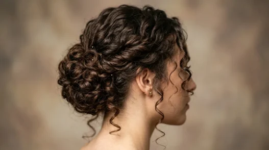 Woman with elegant curly chignon updo showing loose tendrils framing her jawline in studio lighting