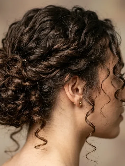 Woman with elegant curly chignon updo showing loose tendrils framing her jawline in studio lighting
