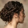 Woman with elegant curly chignon updo showing loose tendrils framing her jawline in studio lighting