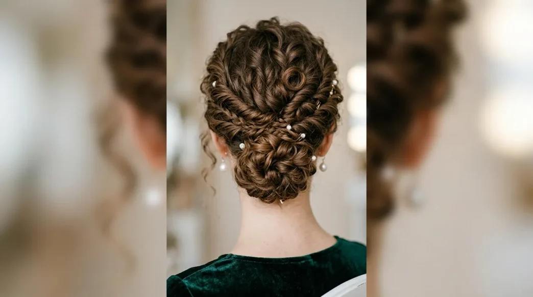 Woman with elegant curly updo viewed from behind showing twisted sections and bobby pin placement at nape