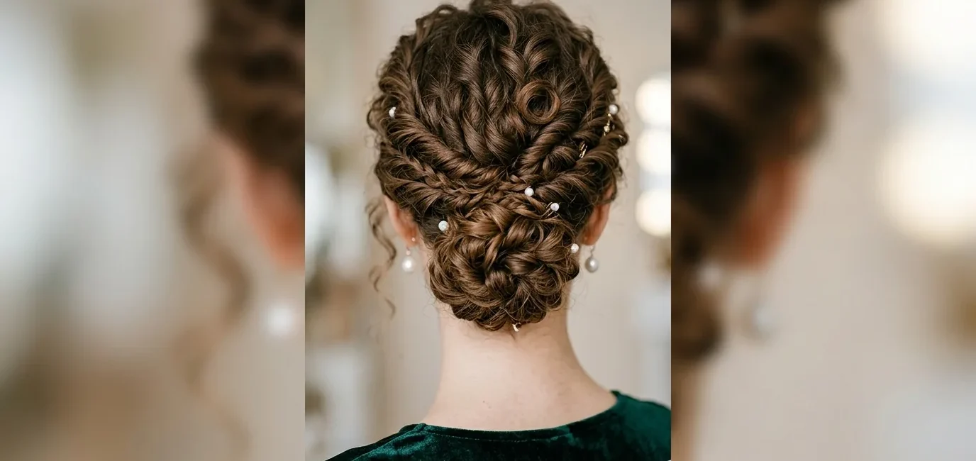 Woman with elegant curly updo viewed from behind showing twisted sections and bobby pin placement at nape