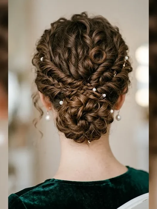 Woman with elegant curly updo viewed from behind showing twisted sections and bobby pin placement at nape