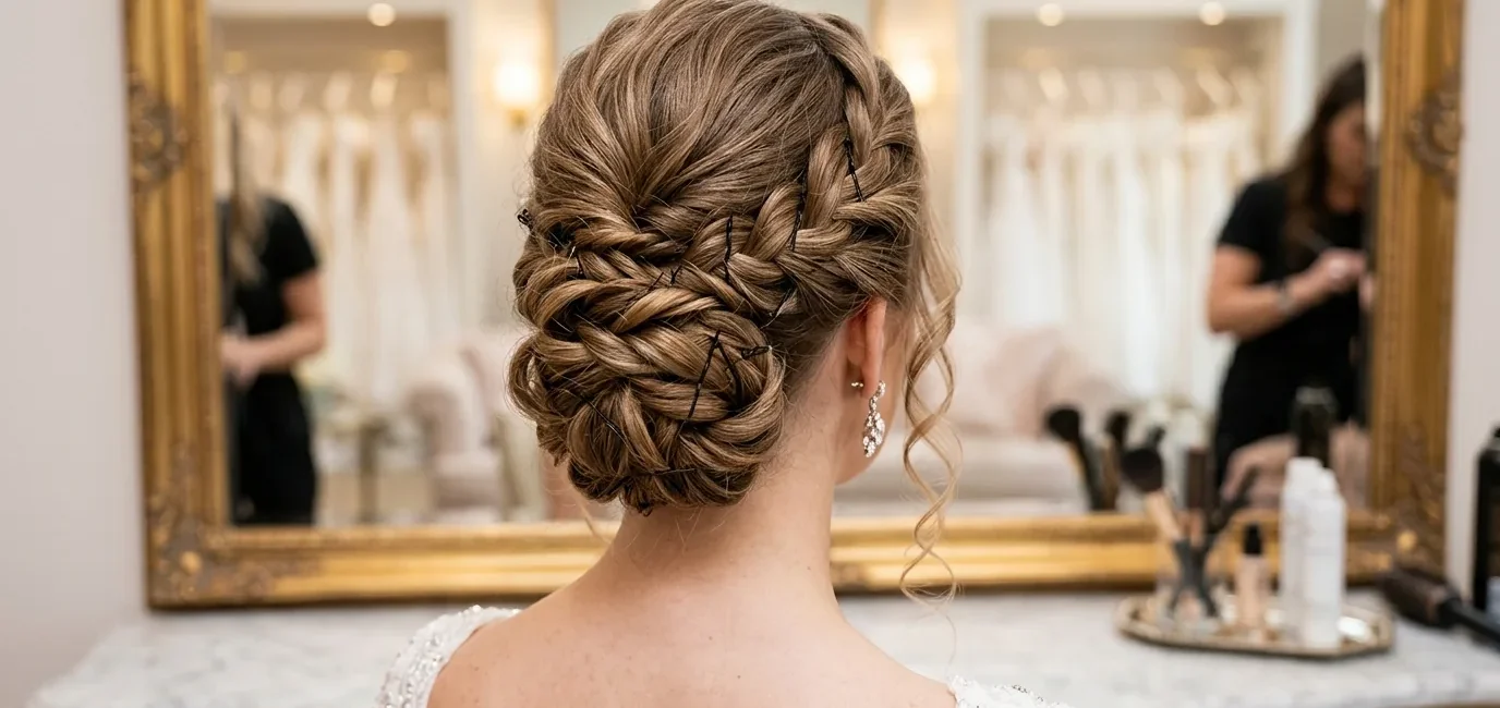 Elegant formal updo viewed from behind showing intricate twisted sections and bobby pin placement
