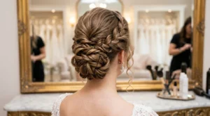 Elegant formal updo viewed from behind showing intricate twisted sections and bobby pin placement