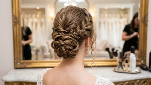 Elegant formal updo viewed from behind showing intricate twisted sections and bobby pin placement