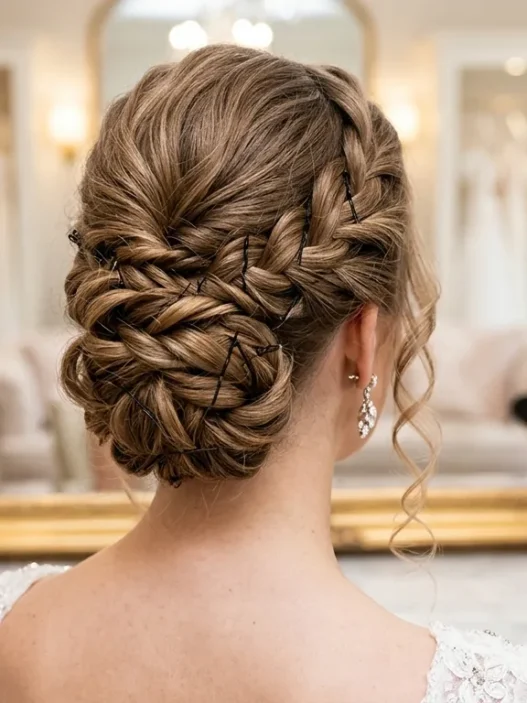 Elegant formal updo viewed from behind showing intricate twisted sections and bobby pin placement