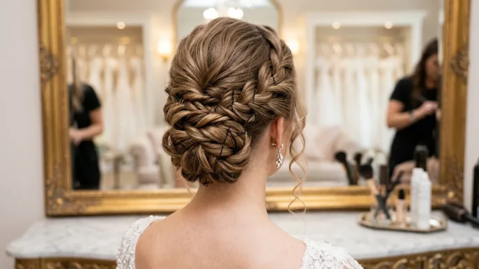 Elegant formal updo viewed from behind showing intricate twisted sections and bobby pin placement