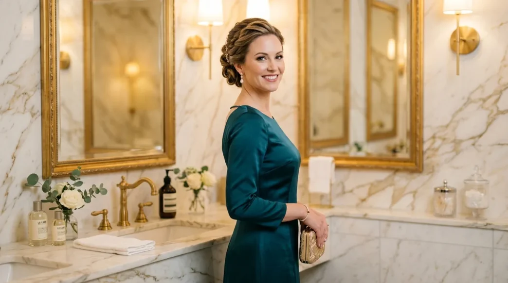 Woman with elegant formal updo hairstyle in luxury powder room with marble walls and gold fixtures