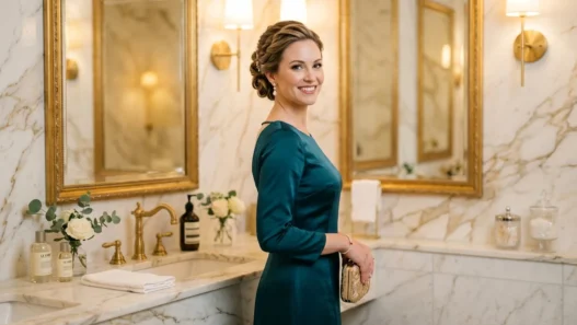 Woman with elegant formal updo hairstyle in luxury powder room with marble walls and gold fixtures