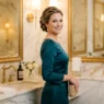 Woman with elegant formal updo hairstyle in luxury powder room with marble walls and gold fixtures