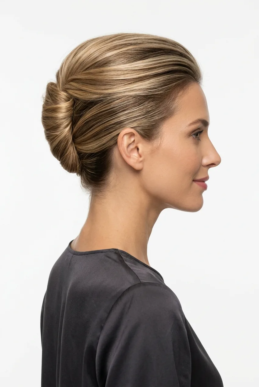 Woman with elegant French twist updo showing polished formal styling and smooth finish