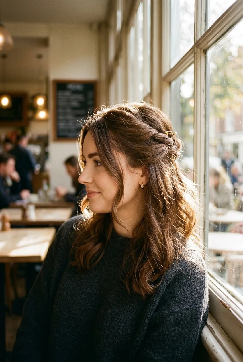 Woman with elegant half-up twisted hairstyle meeting at the crown of her head