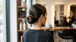 Woman with long hair styled in elegant low bun updo viewed from behind in salon setting