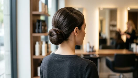 Woman with long hair styled in elegant low bun updo viewed from behind in salon setting