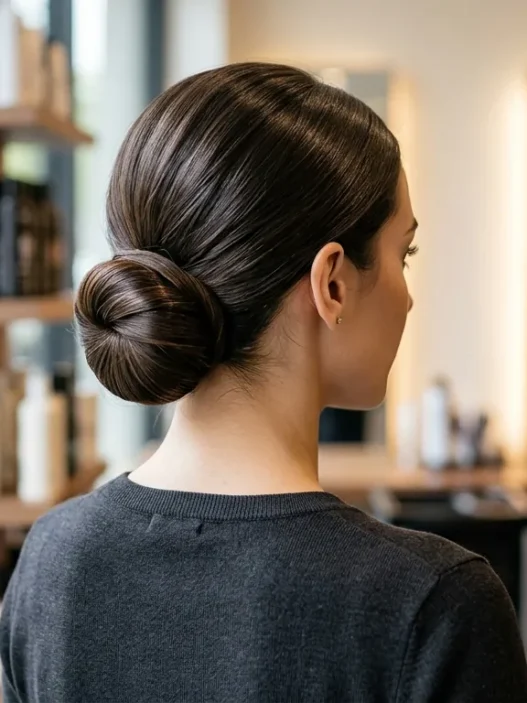 Woman with long hair styled in elegant low bun updo viewed from behind in salon setting