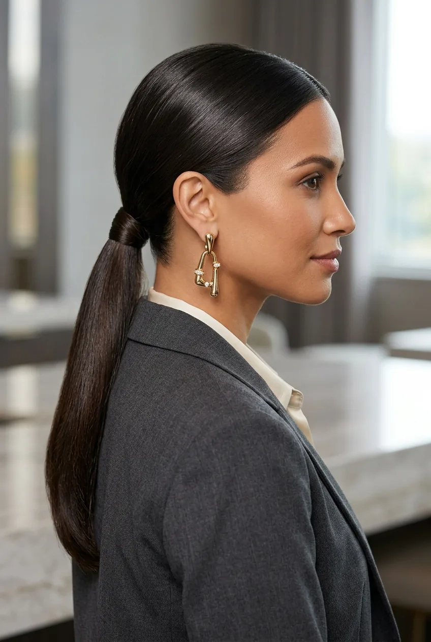 Woman with elegant low ponytail wearing statement earrings showing finished sophisticated look