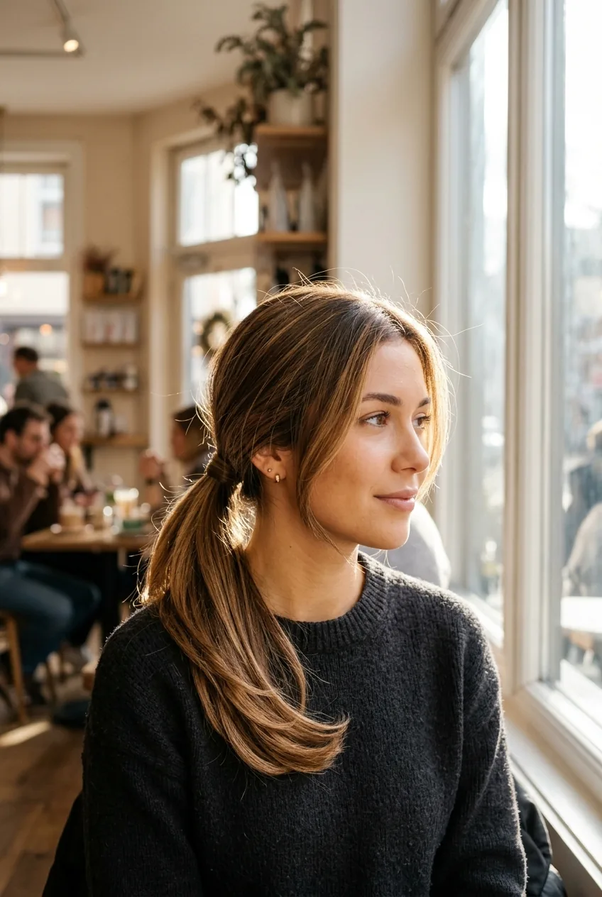 Woman wearing elegant low ponytail positioned at nape of neck with smooth finish
