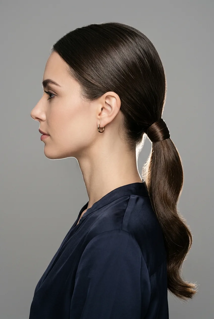 Woman with elegant low ponytail showing smooth styling with hair wrapped around elastic