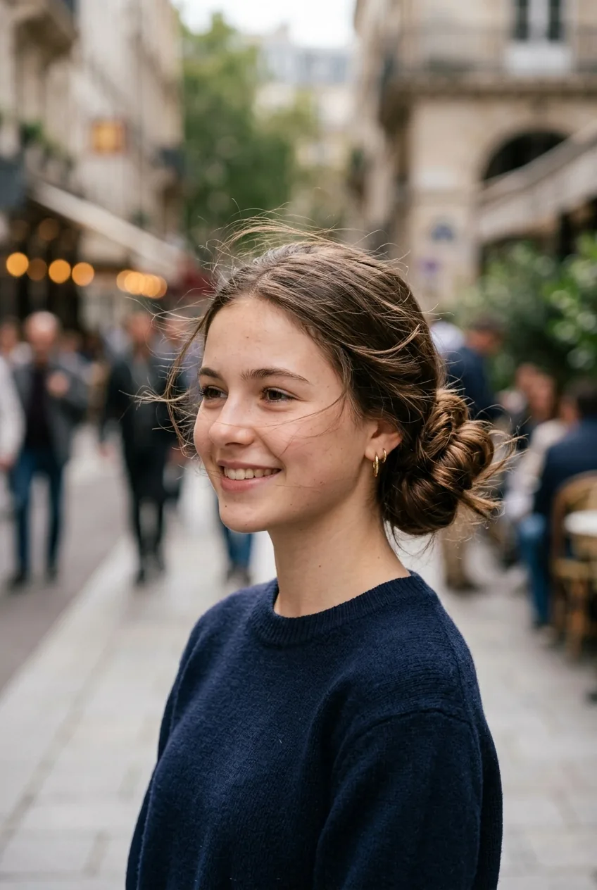 Teenage girl with relaxed low side bun showing loose, effortless styling technique