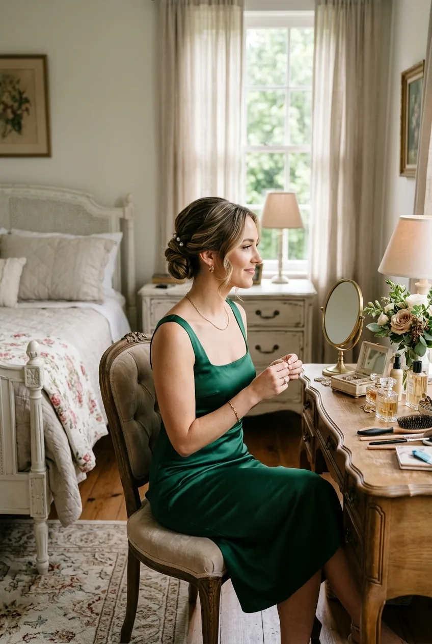 Woman with elegant low twisted bun hairstyle at vanity mirror with soft natural lighting