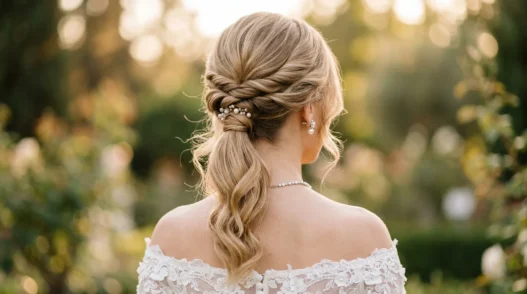 Elegant low wedding ponytail from behind showing twisted sections and romantic tendrils at nape