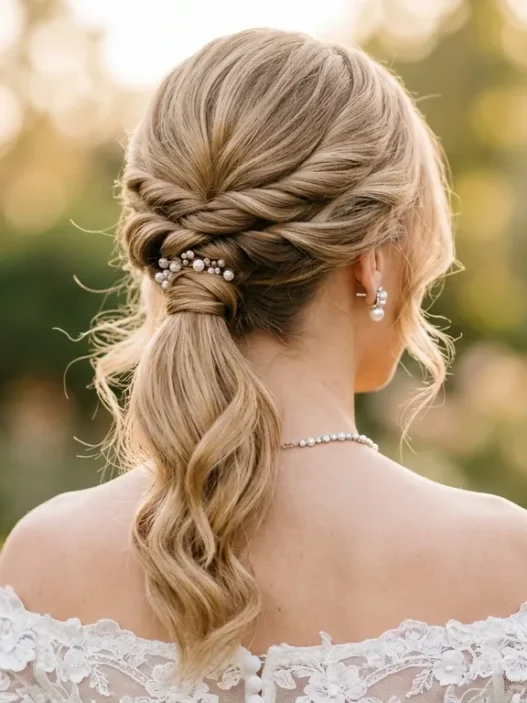 Elegant low wedding ponytail from behind showing twisted sections and romantic tendrils at nape