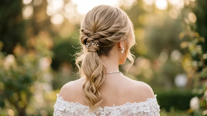 Elegant low wedding ponytail from behind showing twisted sections and romantic tendrils at nape