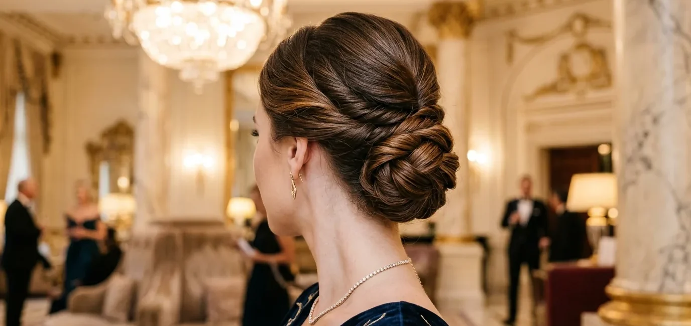 Woman with elegant mother of the bride updo in luxury hotel lobby with chandelier lighting
