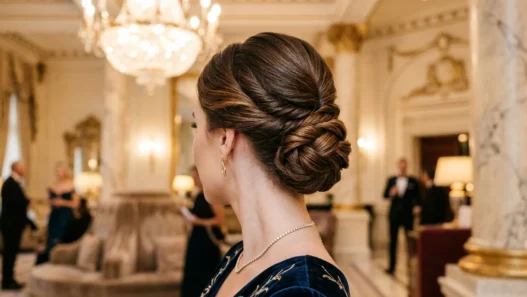 Woman with elegant mother of the bride updo in luxury hotel lobby with chandelier lighting
