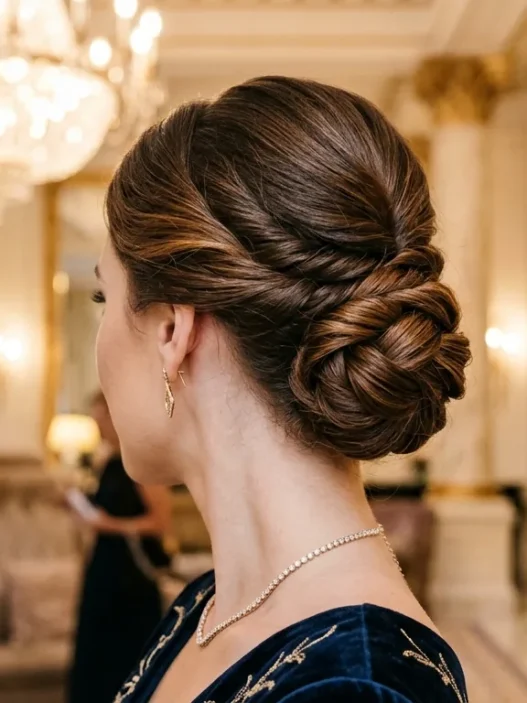 Woman with elegant mother of the bride updo in luxury hotel lobby with chandelier lighting