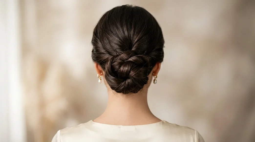 Elegant updo bun at nape of neck showing detailed bobby pin placement and twisted hair sections