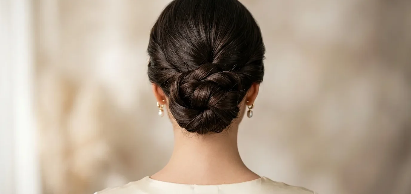 Elegant updo bun at nape of neck showing detailed bobby pin placement and twisted hair sections