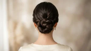 Elegant updo bun at nape of neck showing detailed bobby pin placement and twisted hair sections