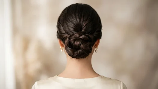 Elegant updo bun at nape of neck showing detailed bobby pin placement and twisted hair sections