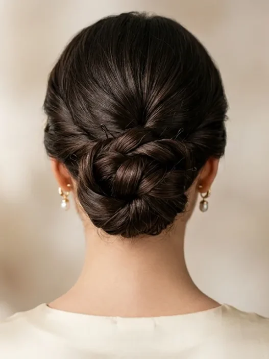 Elegant updo bun at nape of neck showing detailed bobby pin placement and twisted hair sections