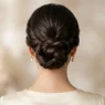 Elegant updo bun at nape of neck showing detailed bobby pin placement and twisted hair sections