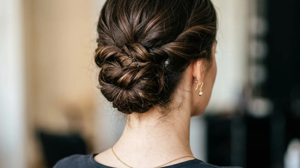 Elegant updo at nape of neck showing bobby pin placement and twisted curly sections