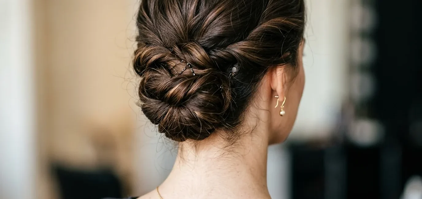 Elegant updo at nape of neck showing bobby pin placement and twisted curly sections
