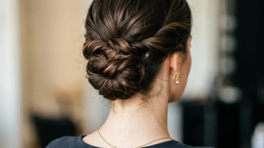 Elegant updo at nape of neck showing bobby pin placement and twisted curly sections