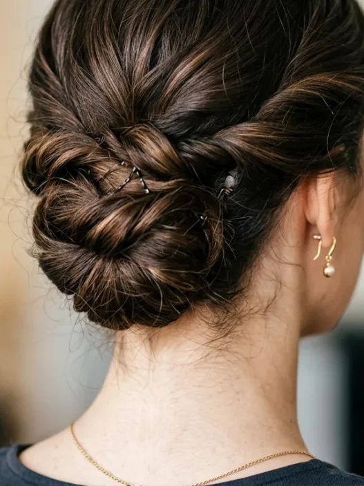 Elegant updo at nape of neck showing bobby pin placement and twisted curly sections