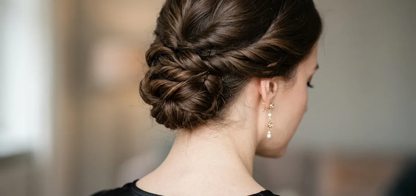 Close-up view from behind of elegant updo at nape showing precise bobby pin placement and twisted hair sections