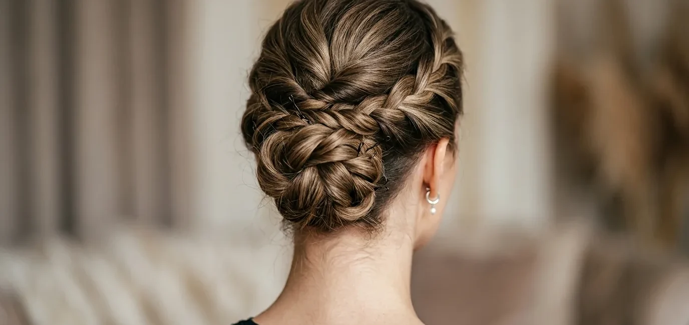 Close-up view from behind of elegant twisted updo showing bobby pin placement and hair texture at nape