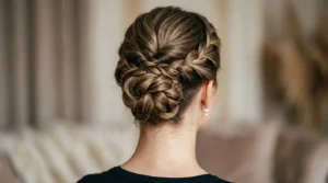 Close-up view from behind of elegant twisted updo showing bobby pin placement and hair texture at nape