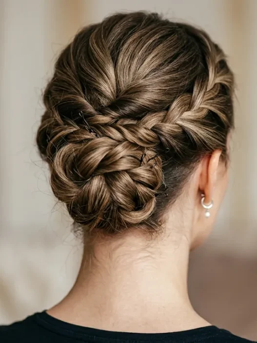 Close-up view from behind of elegant twisted updo showing bobby pin placement and hair texture at nape