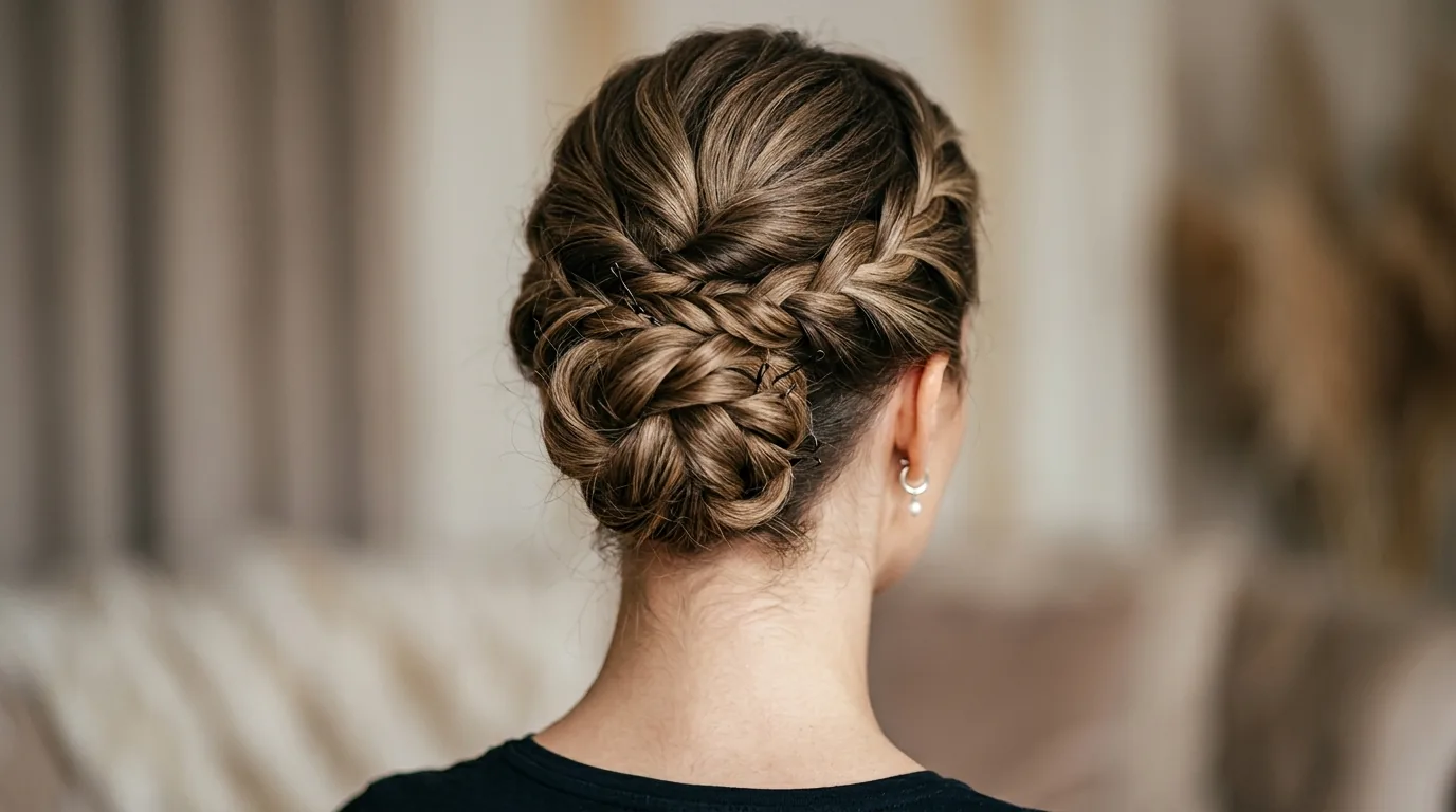 Close-up view from behind of elegant twisted updo showing bobby pin placement and hair texture at nape