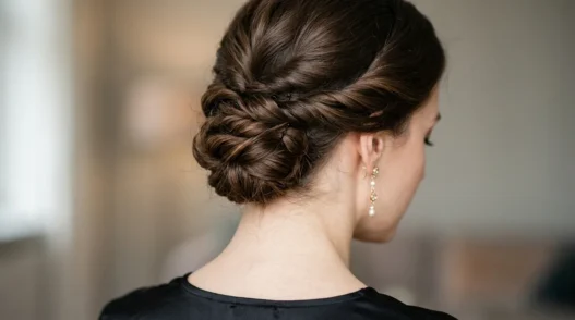 Close-up view from behind of elegant updo at nape showing precise bobby pin placement and twisted hair sections