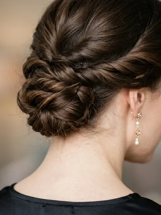 Close-up view from behind of elegant updo at nape showing precise bobby pin placement and twisted hair sections