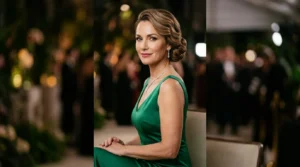 Elegant woman over 40 with sophisticated red carpet hairstyle in professional studio portrait