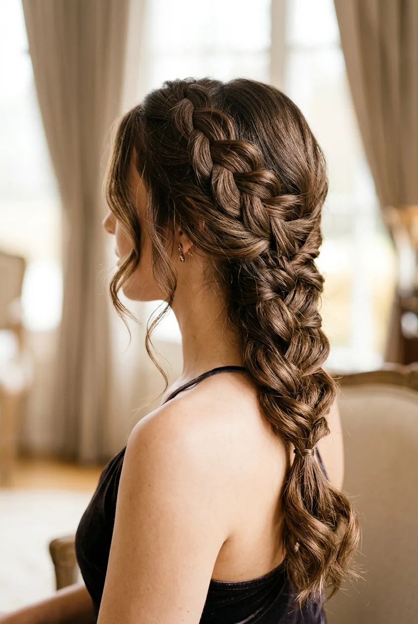 Woman with elegant side braid showing loose romantic finish and face-framing pieces