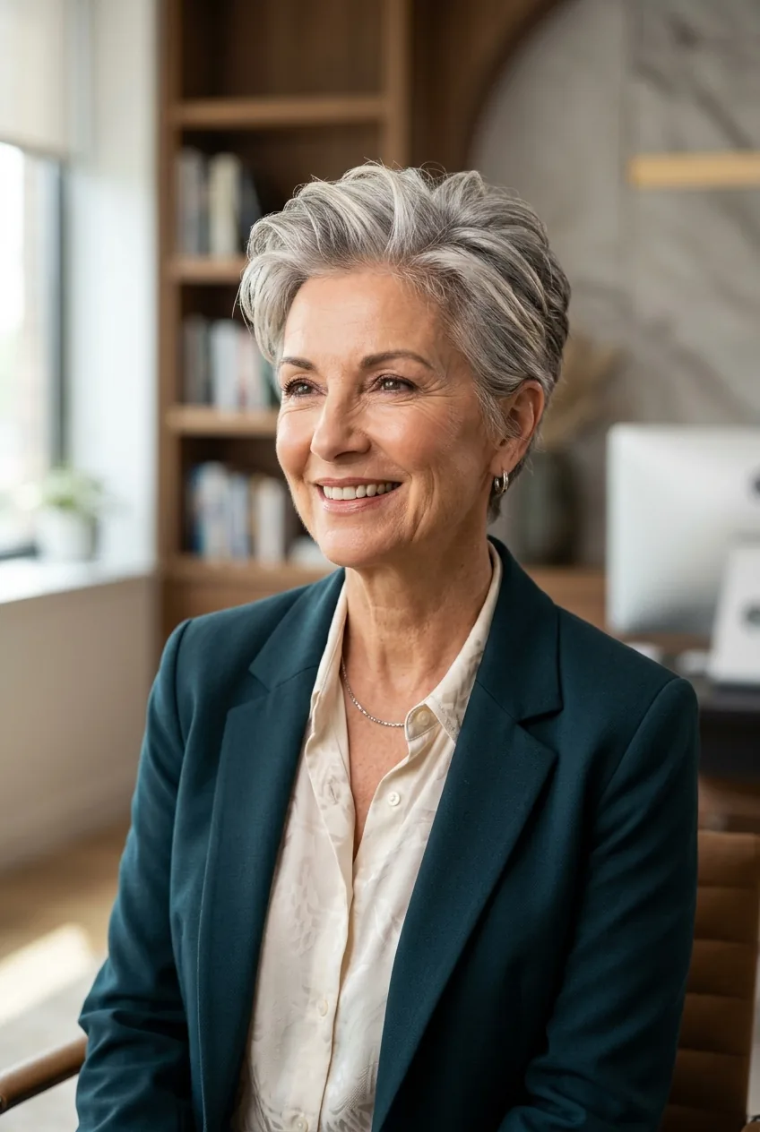 Confident woman over 60 with professionally styled textured pixie cut and subtle highlights